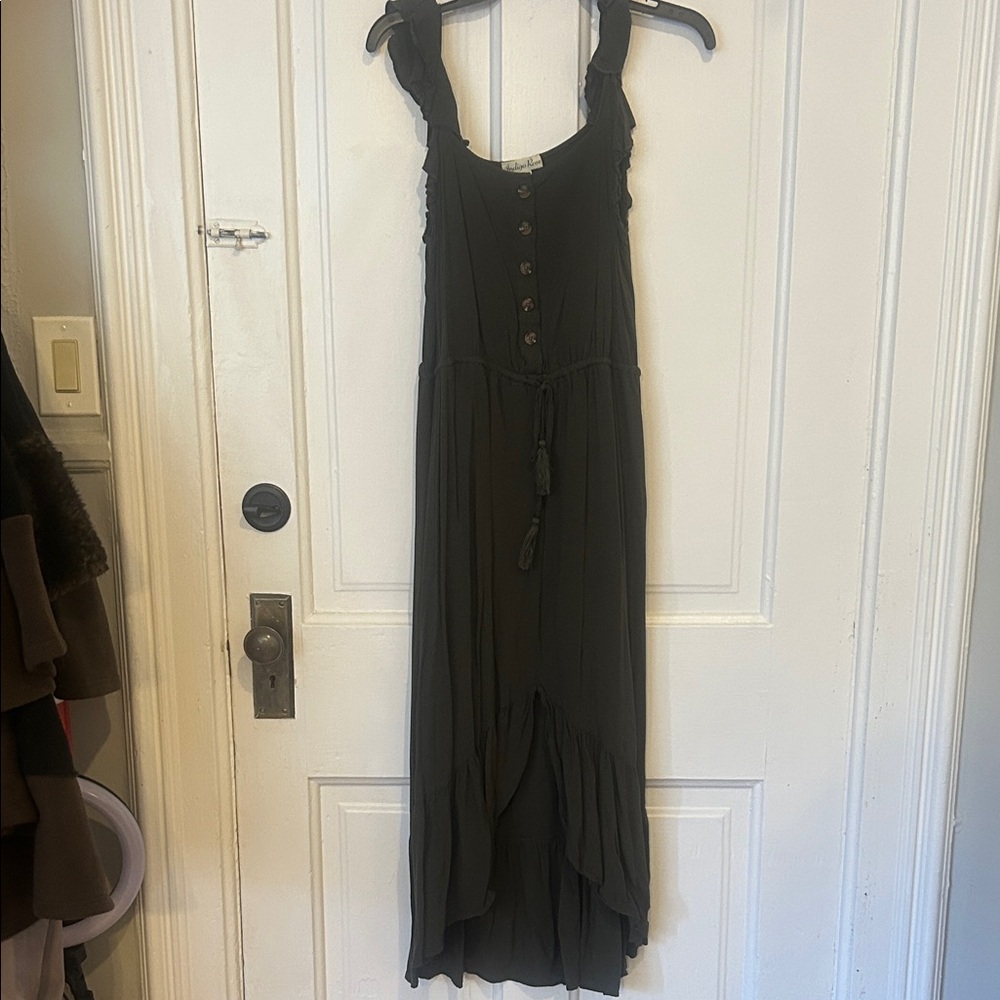 Elegant Forest Green High Low Dress with Button Accents and Tie Waist